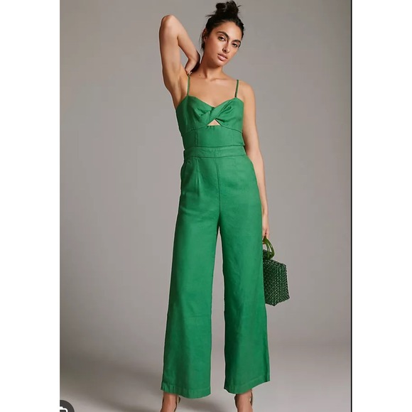 NEW Anthropologie Women's ‎ jumpsuit 0 D green twisted front tie back strap - Picture 2 of 8